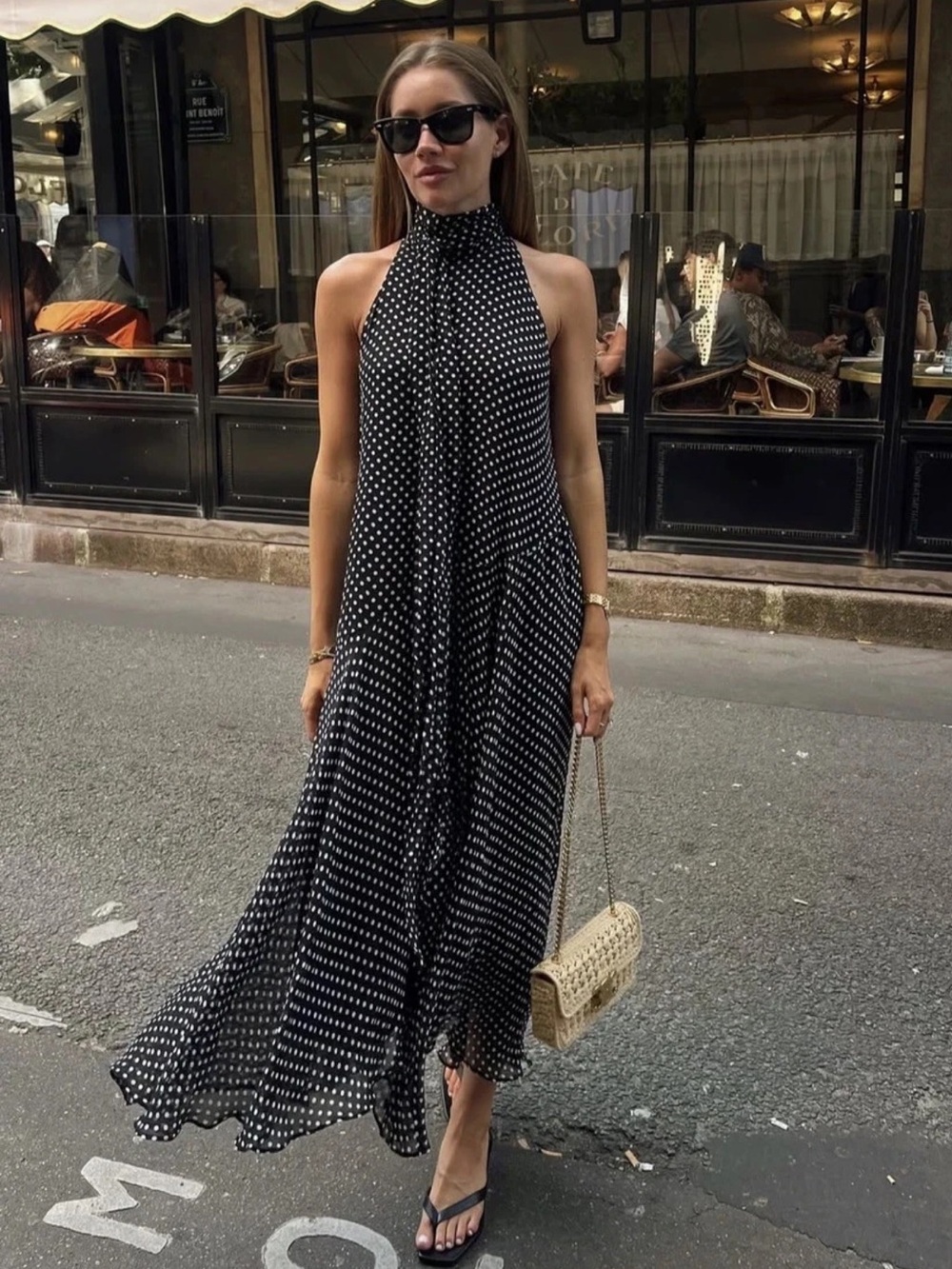 Zara Black Polka Dot Halter Maxi Dress